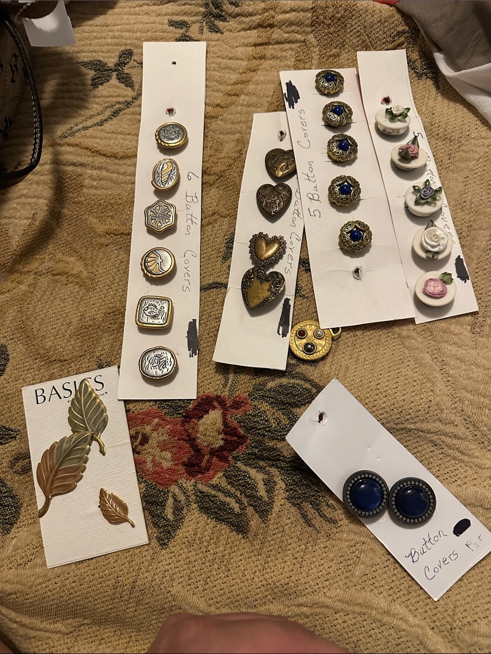 Assorted Decorative Button Covers and Leaf Pins - Gold & Navy Accents